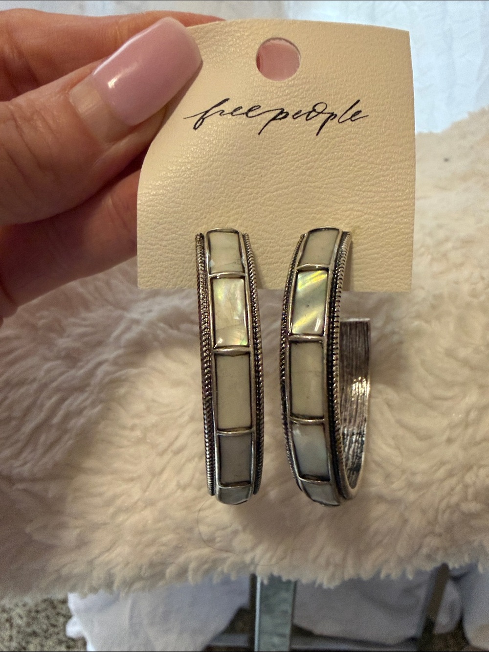 Free People Iridescent White shell Inlay Hoop Earrings large